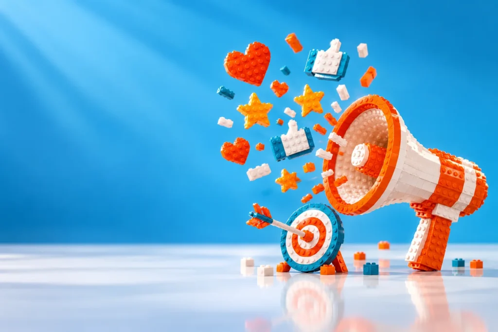 Brick megaphone bursting with hearts, likes and stars beside a brick target
