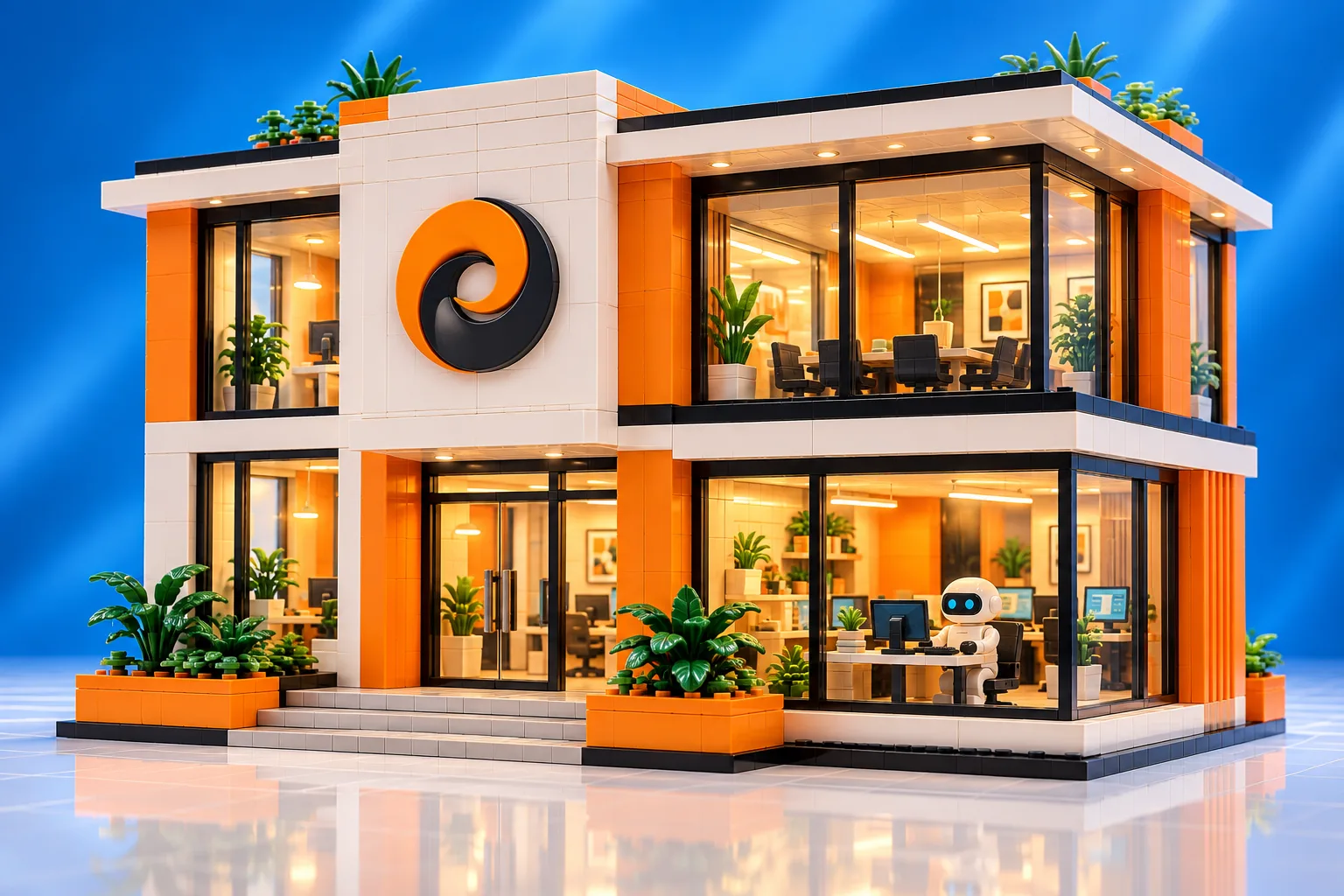 Brick-built BAP Digital office building with a small white robot helper, no people