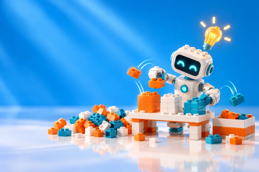 Small white brick robot sorting colorful bricks under a glowing lightbulb