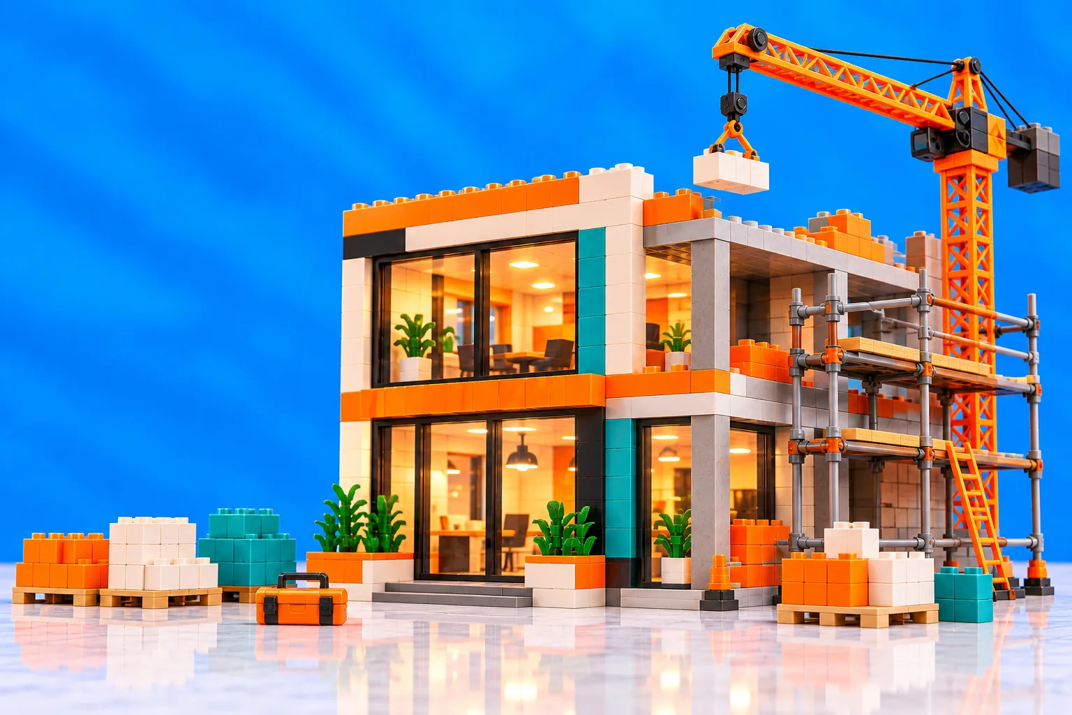 A brick business building under construction with a crane and stacked bricks