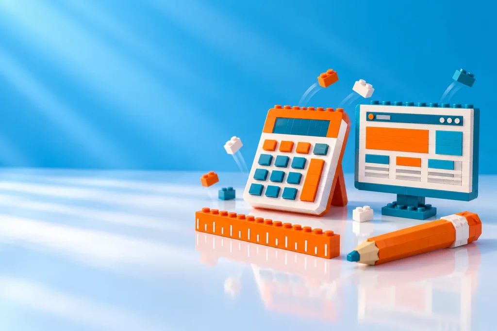 Brick calculator next to a brick website monitor, ruler and pencil