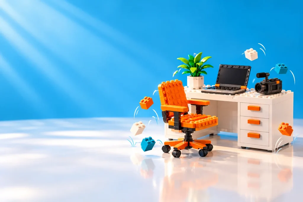 Empty orange brick chair at a brick desk waiting for a new team member