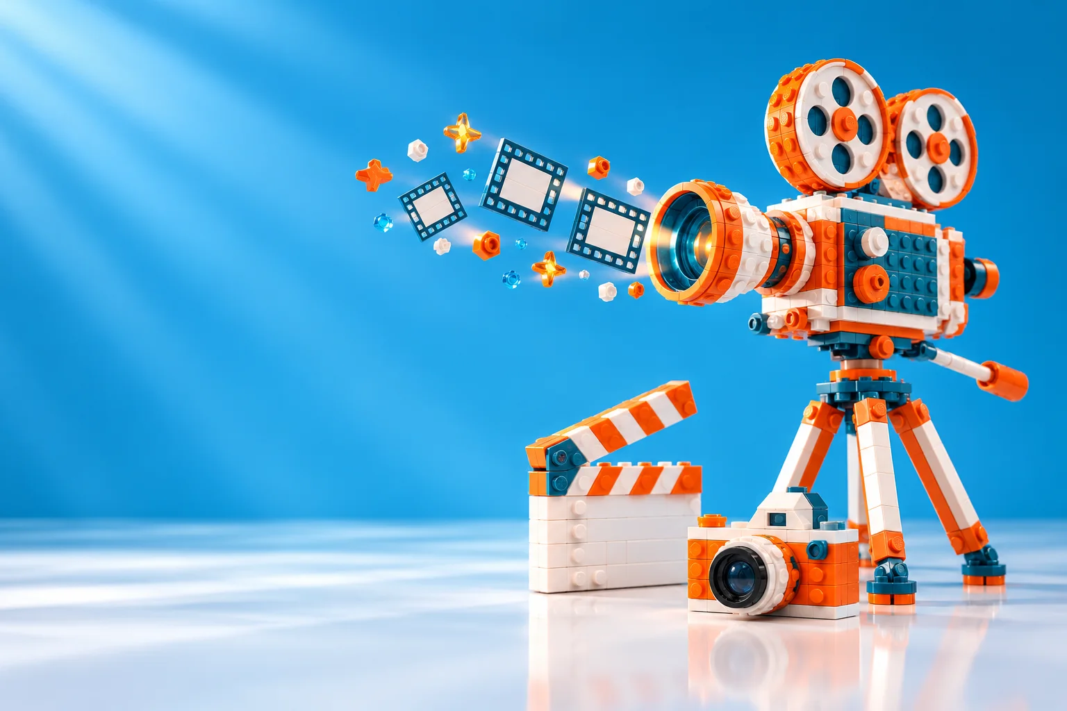 Brick cinema camera and clapperboard for photo and video production