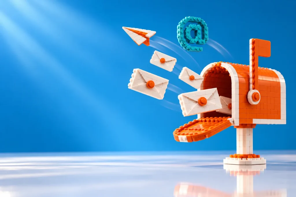 Brick-built orange mailbox sending envelopes, representing email campaigns