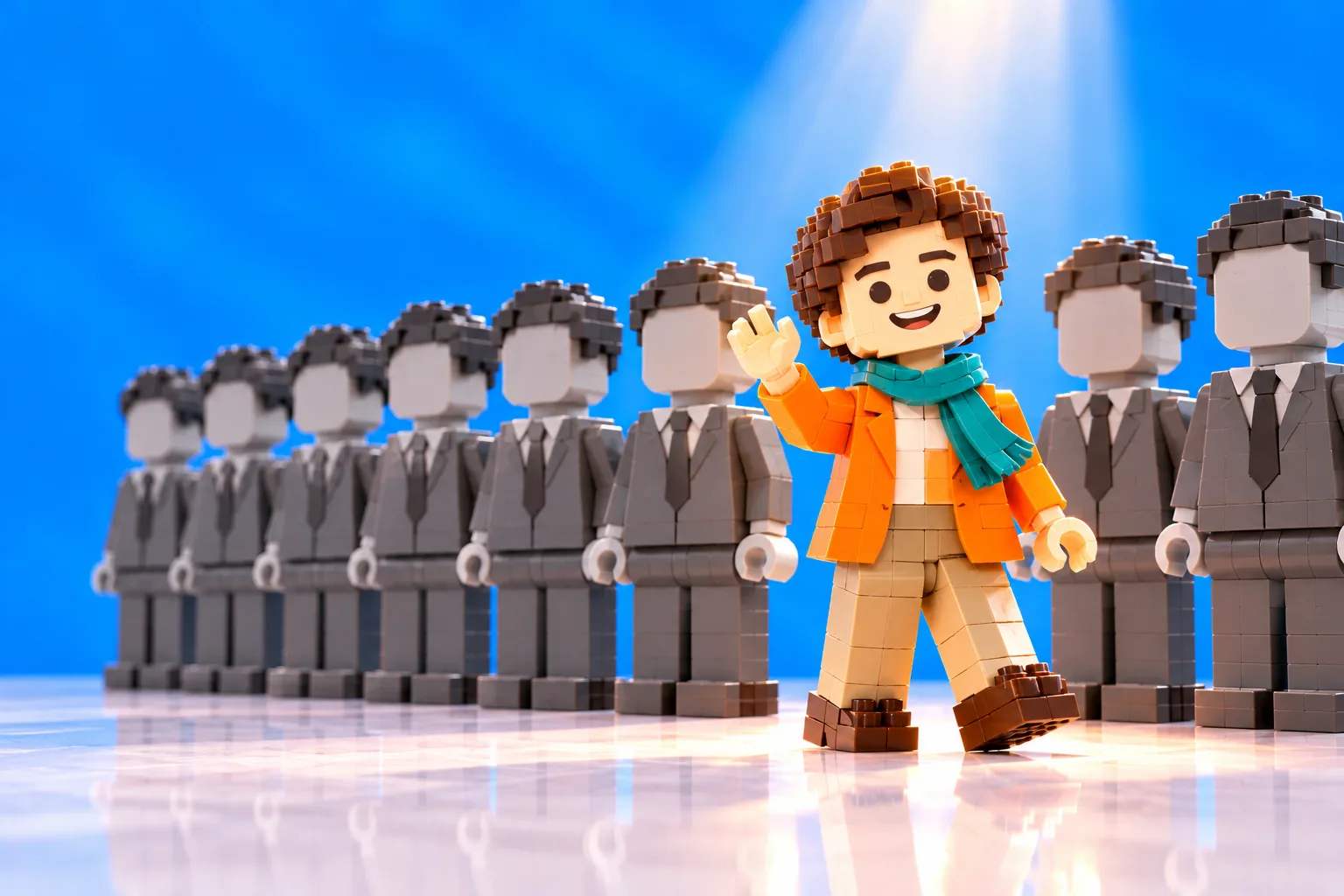A brick business owner stepping out from a row of identical figures