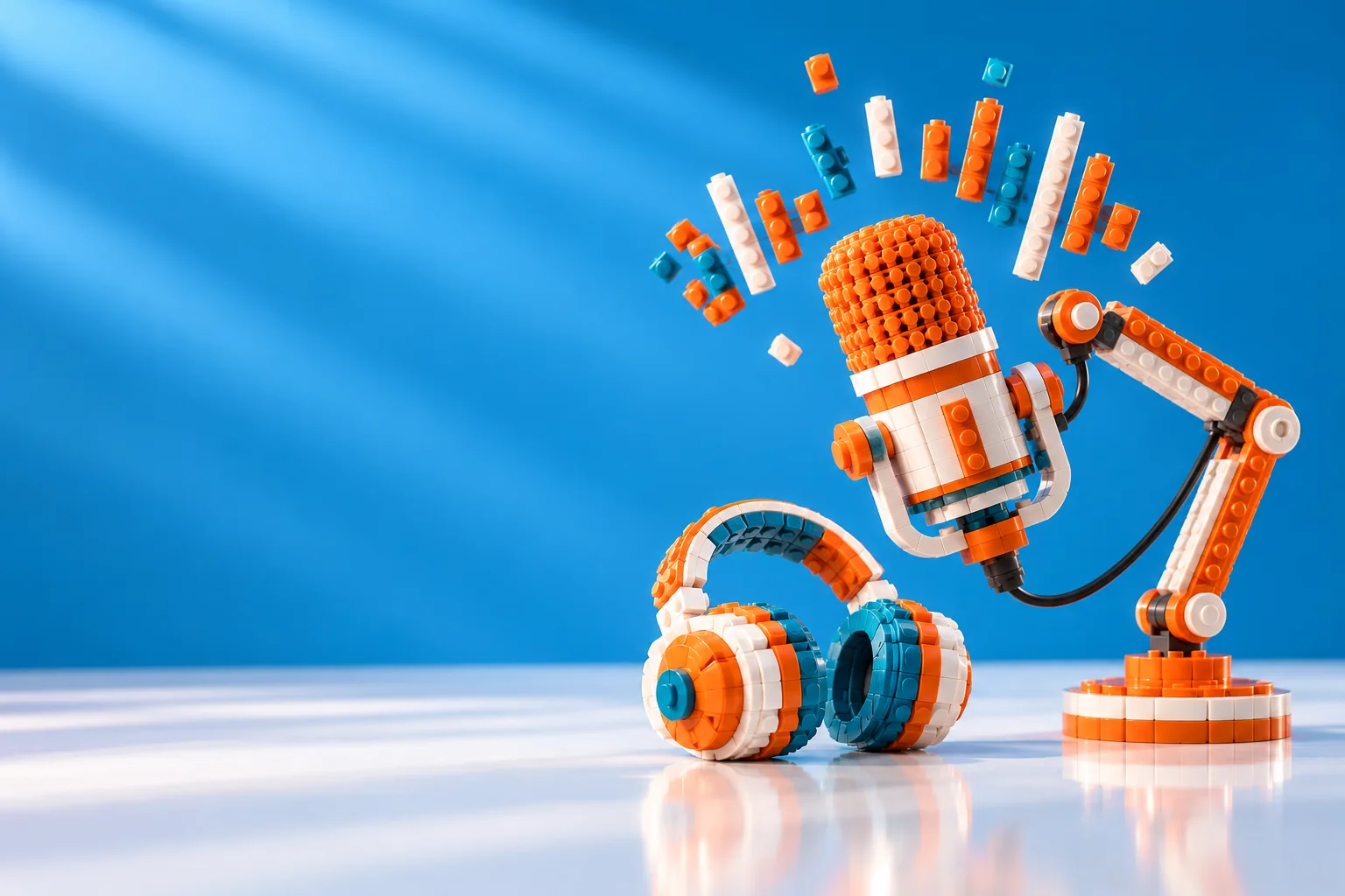 Brick podcast microphone and headphones with bouncing sound-wave bars