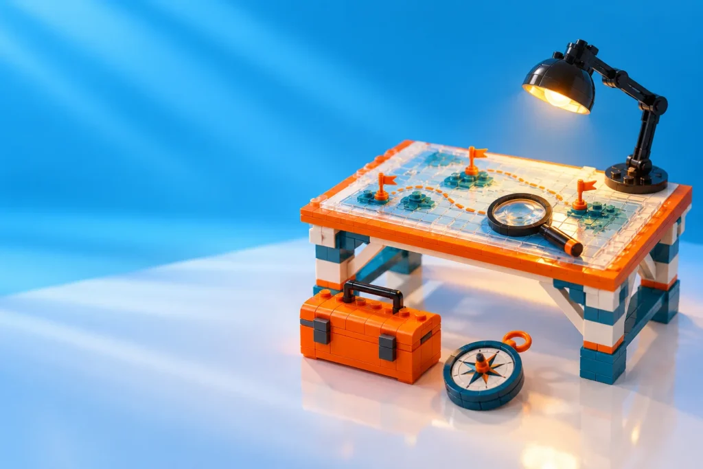 Brick planning table with a map, magnifying glass, lamp, toolbox and compass