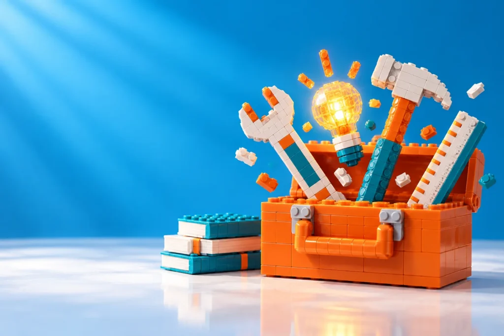 Open brick toolbox with tools and a glowing lightbulb beside a stack of brick books
