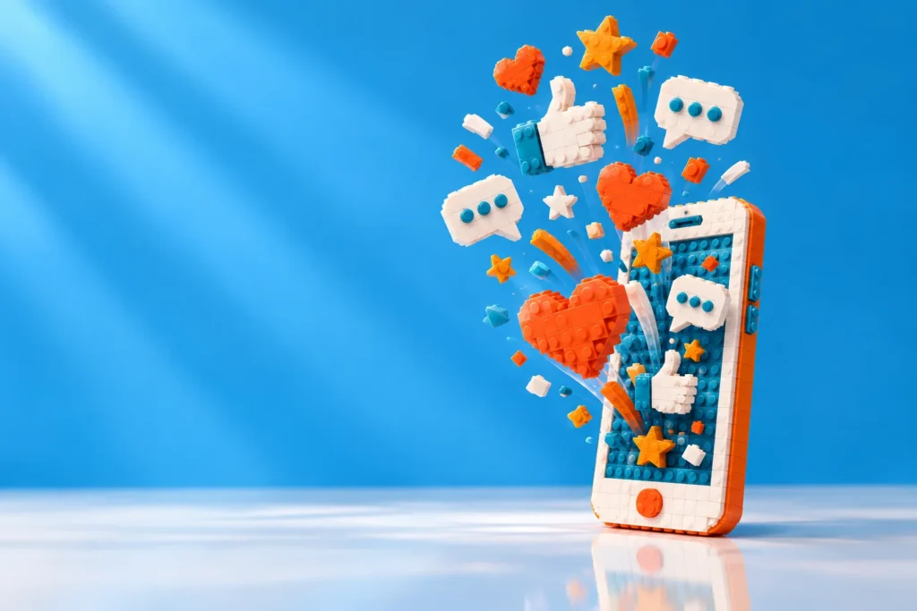 Brick smartphone with hearts, chat bubbles and likes floating up from the screen