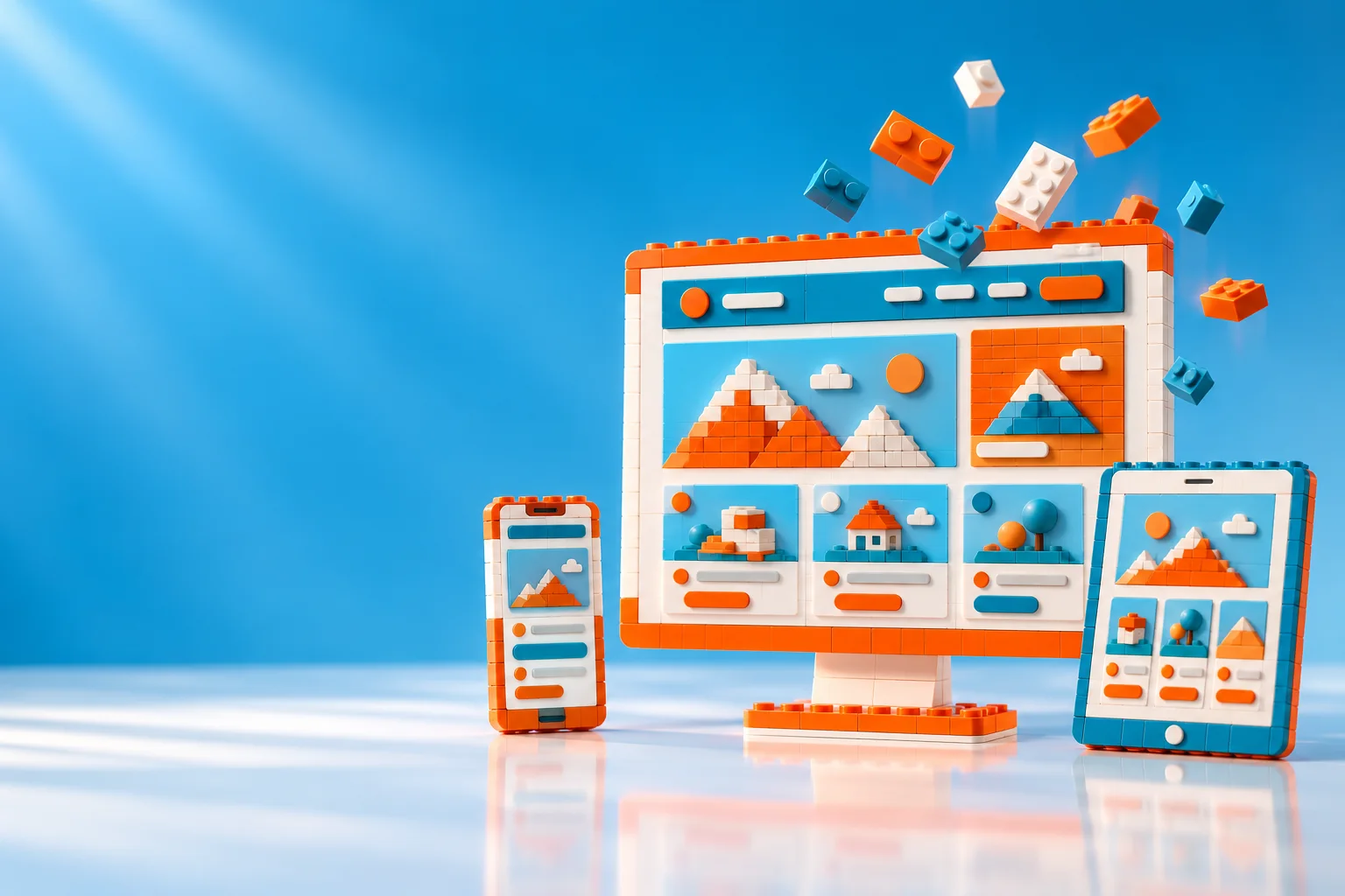 Brick monitor, phone and tablet with bricks floating into place on a web page