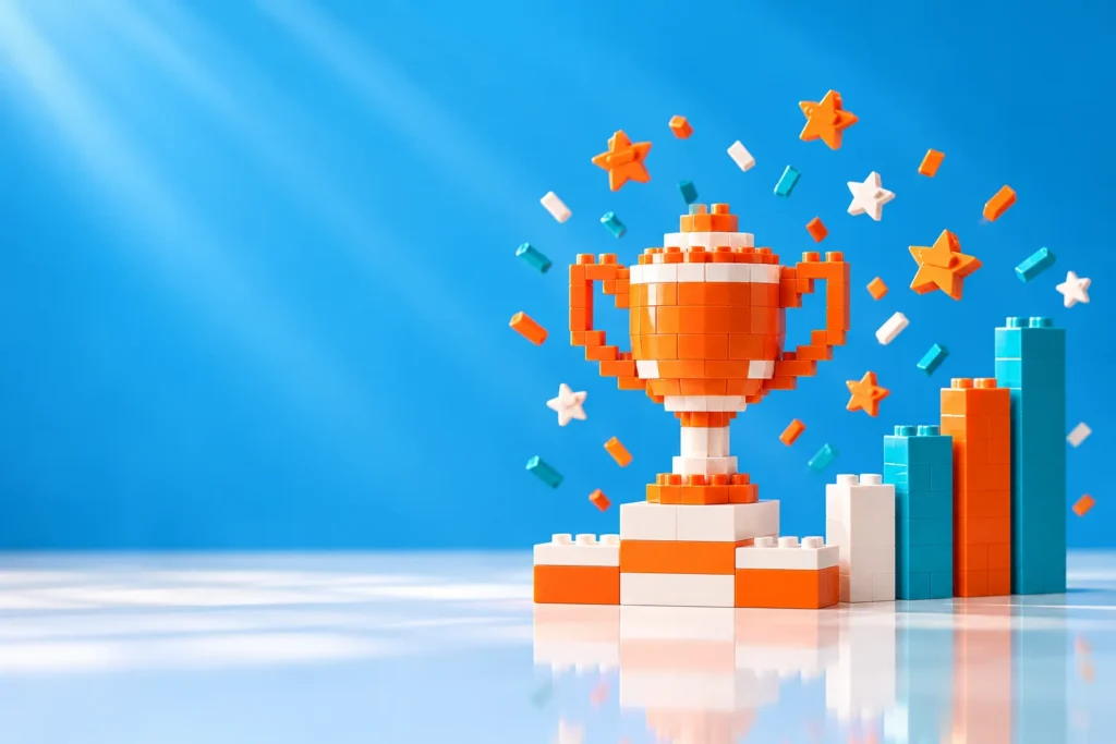 Brick trophy beside a rising bar chart with stars and confetti