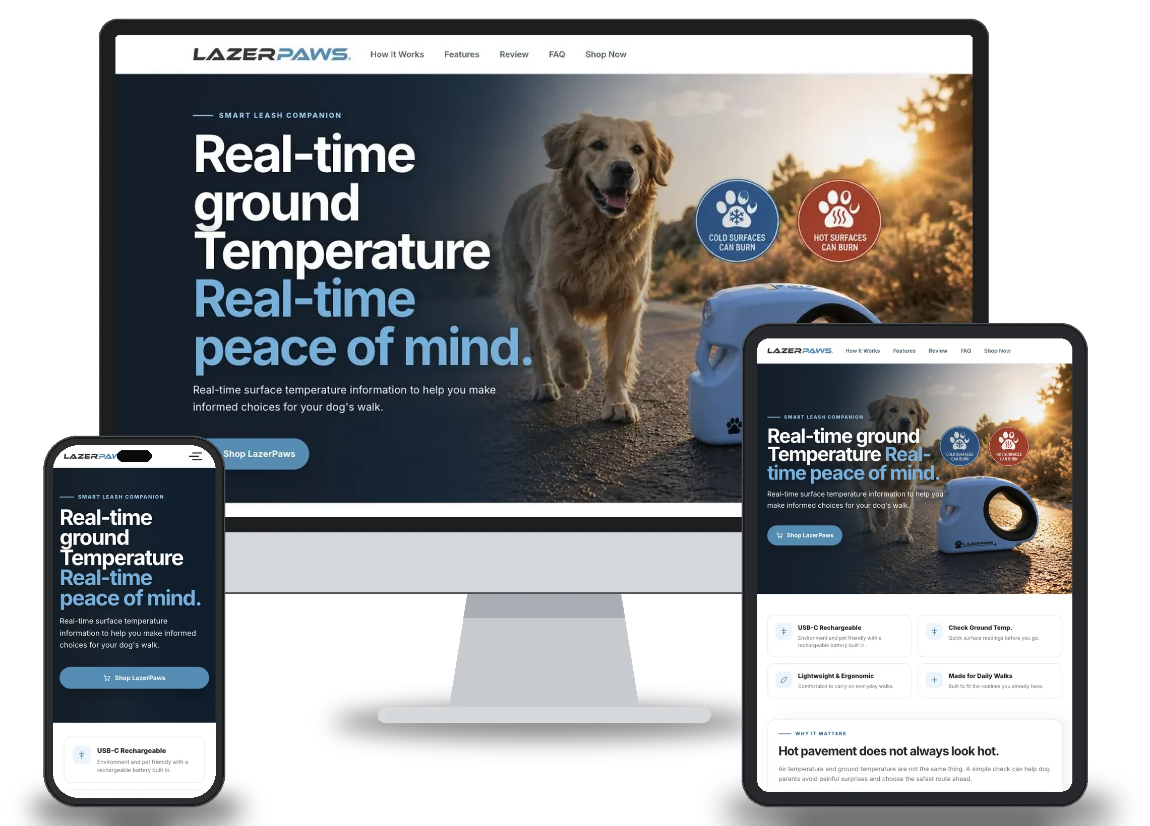 The finished LazerPaws website on desktop, tablet and phone