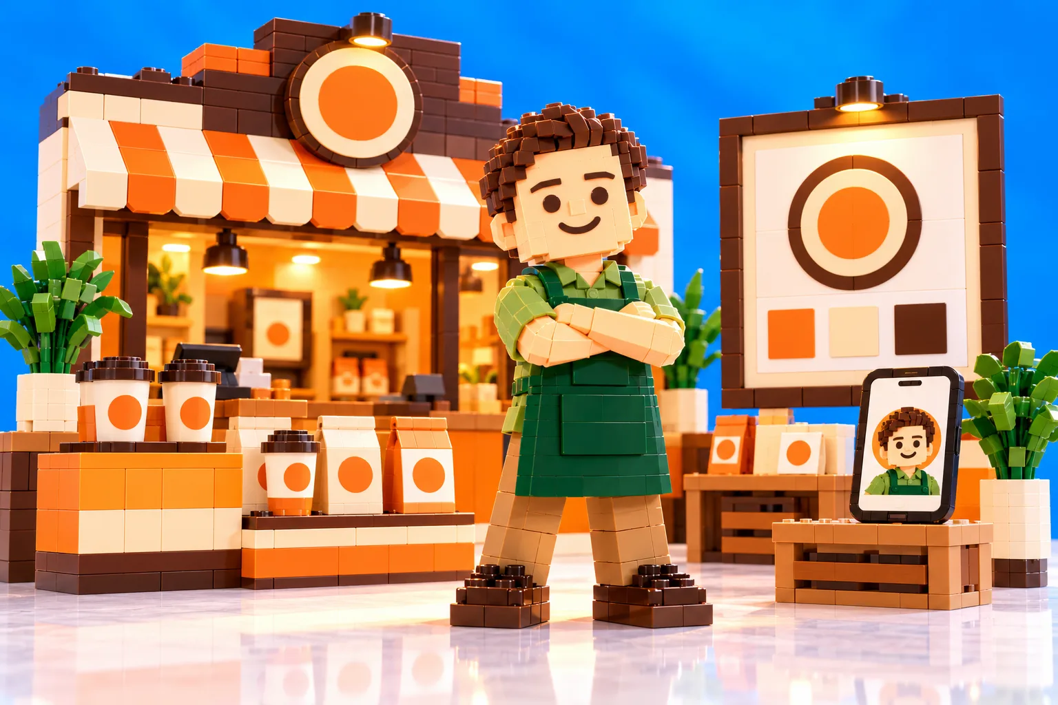 A proud business owner in front of their finished brand: storefront, brand board and products