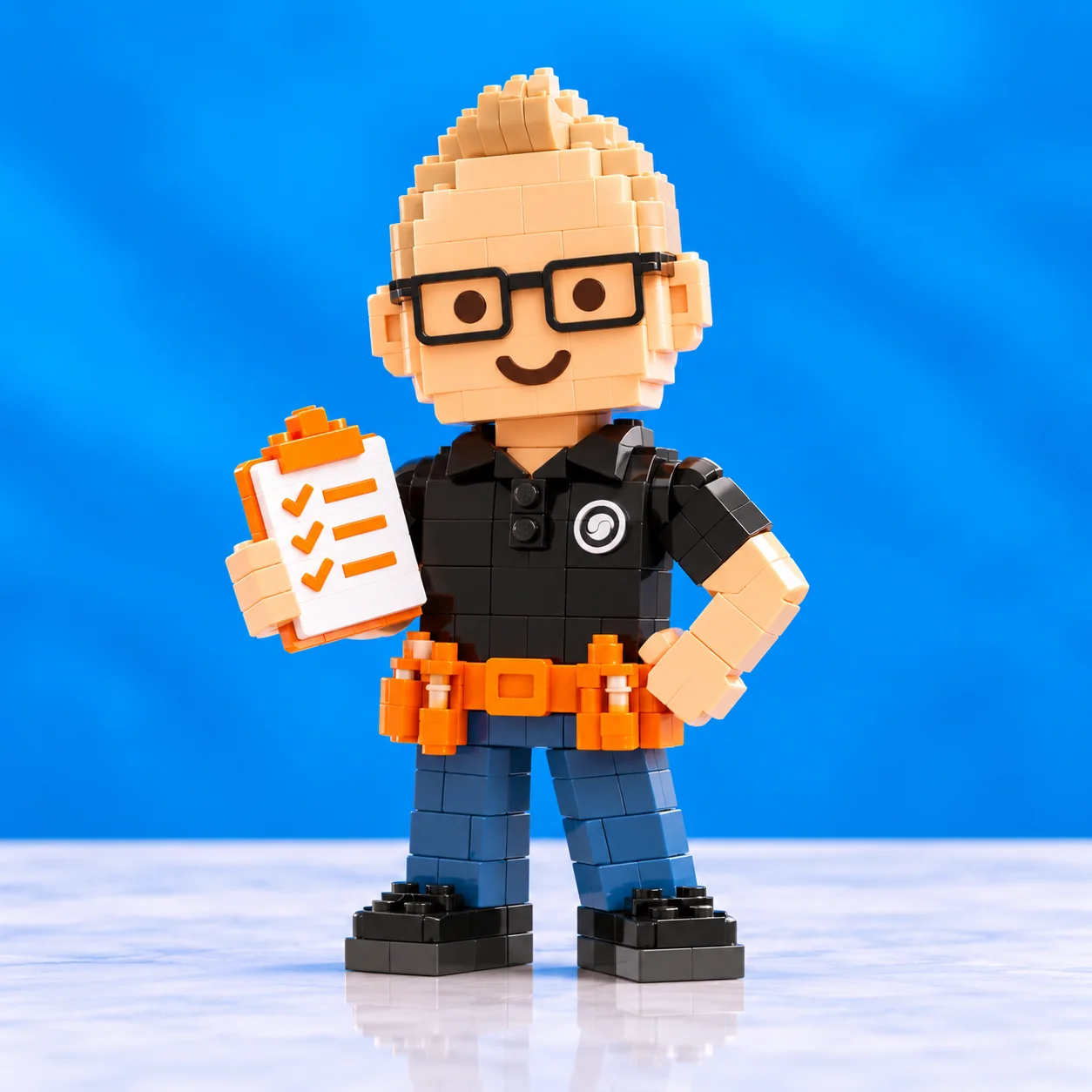 Adam French as a brick-built character holding a clipboard