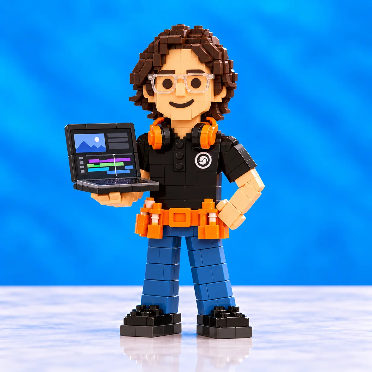 Jalen Cochran as a brick-built character holding a laptop